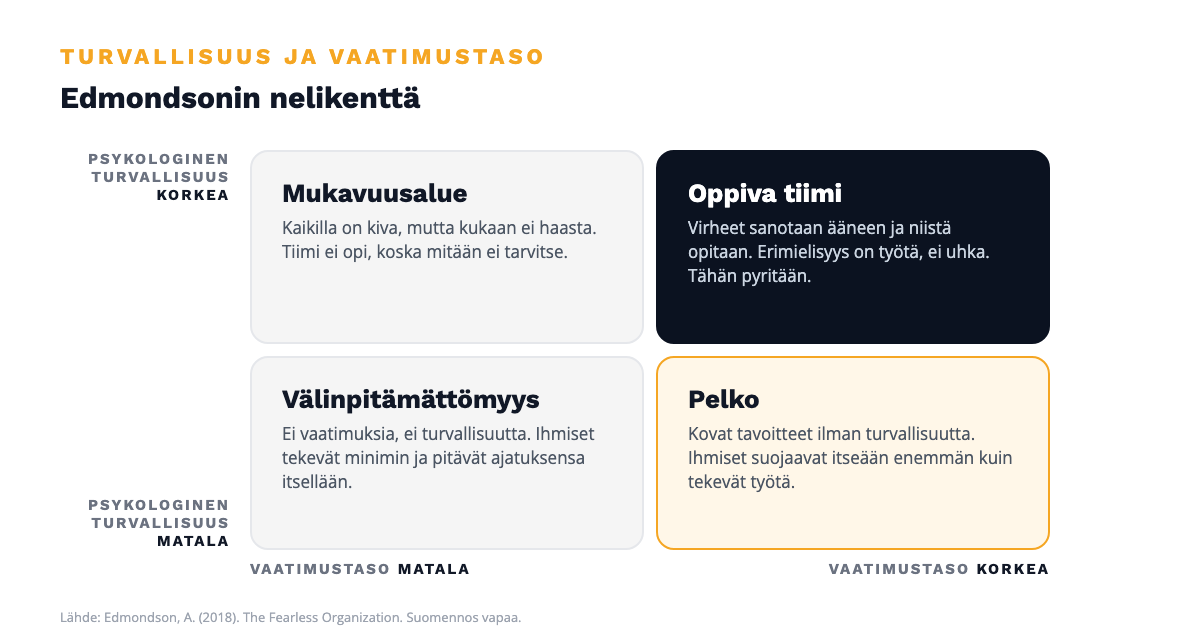 Edmondsonin nelikenttä: korkea turvallisuus ja korkea vaatimustaso tuottavat oppivan tiimin, korkea turvallisuus ilman vaatimuksia mukavuusalueen, vaatimukset ilman turvallisuutta pelon, ja ilman kumpaakaan välinpitämättömyyden